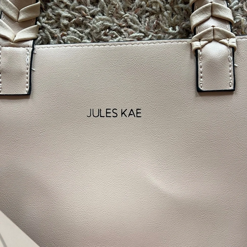 Jules Kae‎ Cream Vegan Leather Tote Bag with Braided Handles and Pouch Set